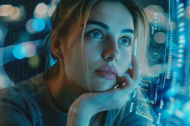 Software futurista y hardware codificación holograma serio concentrado mujer atractiva pensamiento