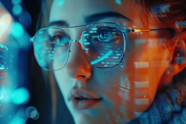 Software futurista y hardware codificación holograma serio concentrado mujer atractiva pensamiento