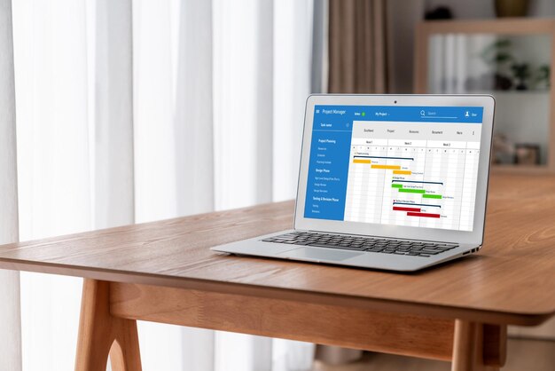Foto software de planificación de proyectos para la gestión de proyectos empresariales de moda en la pantalla de la computadora que muestra el cronograma del proyecto del equipo