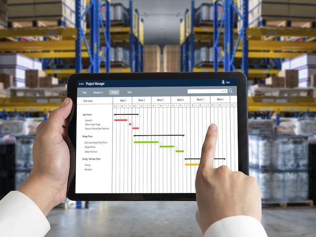 Foto software de planificación de proyectos para la gestión de proyectos empresariales modernos en la pantalla de la computadora que muestra el gráfico de la línea de tiempo del proyecto del equipo