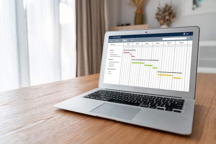 Foto software de planificación de proyectos para la gestión de proyectos empresariales modish en la pantalla de la computadora que muestra el gráfico de línea de tiempo del proyecto del equipo