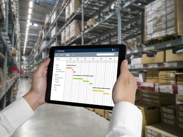 Software de planificación de proyectos para la gestión de proyectos empresariales modish en la pantalla de la computadora que muestra el gráfico de línea de tiempo del proyecto del equipo