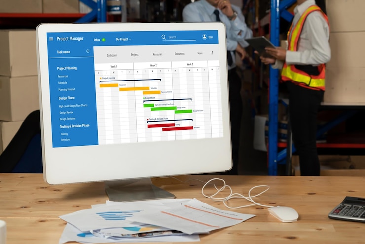 Foto software de planificación de proyectos para la gestión de proyectos empresariales modish en la pantalla de la computadora que muestra el gráfico de línea de tiempo del proyecto del equipo