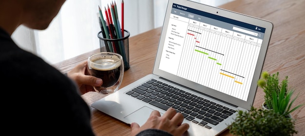 Software de planificación de proyectos para la gestión de proyectos empresariales modish en la pantalla de la computadora que muestra el gráfico de línea de tiempo del proyecto del equipo