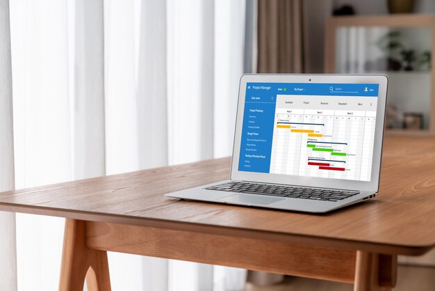 Software de planificación de proyectos para la gestión de proyectos empresariales modish en la pantalla de la computadora que muestra el gráfico de línea de tiempo del proyecto del equipo