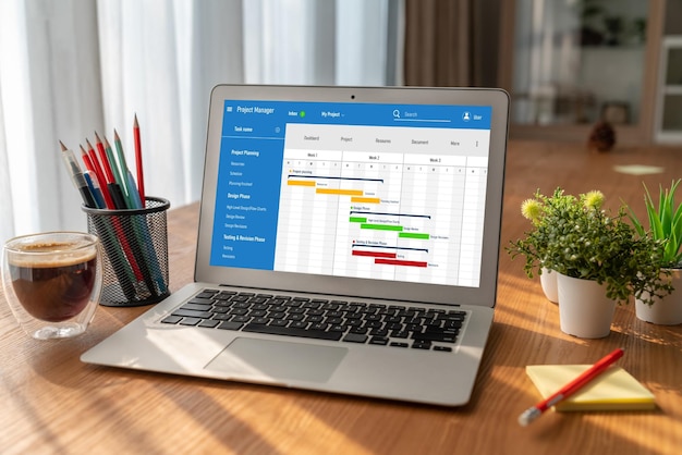 Software de planificación de proyectos para la gestión de proyectos empresariales modish en la pantalla de la computadora que muestra el gráfico de línea de tiempo del proyecto del equipo