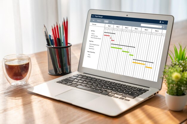 Software de planificación de proyectos para la gestión de proyectos empresariales modish en la pantalla de la computadora que muestra el gráfico de línea de tiempo del proyecto del equipo