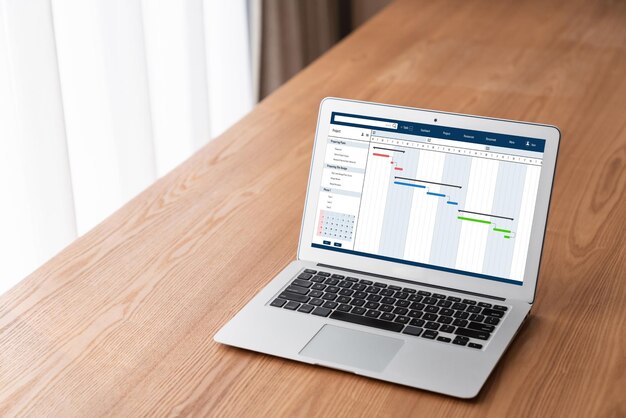 Software de planificación de proyectos para la gestión de proyectos empresariales modish en la pantalla de la computadora que muestra el gráfico de línea de tiempo del proyecto del equipo