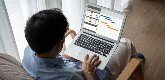 Software de planificación de proyectos para la gestión de proyectos empresariales modish en la pantalla de la computadora que muestra el gráfico de línea de tiempo del proyecto del equipo