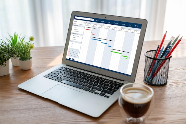 Software de planificación de proyectos para la gestión de proyectos de negocios de moda en la pantalla de la computadora que muestra el gráfico de escala de tiempo del proyecto del equipo