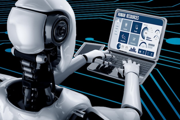 El software de recursos humanos en la pantalla de la computadora ayuda al empleado a administrar a la gente con comodidad