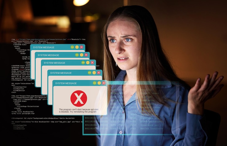 Foto software del sistema y mujer con mensaje de error y falla en el lugar de trabajo con seguridad cibernética por la noche mujer codificadora y programadora con virus de base de datos holográfica y problema en línea con ansiedad