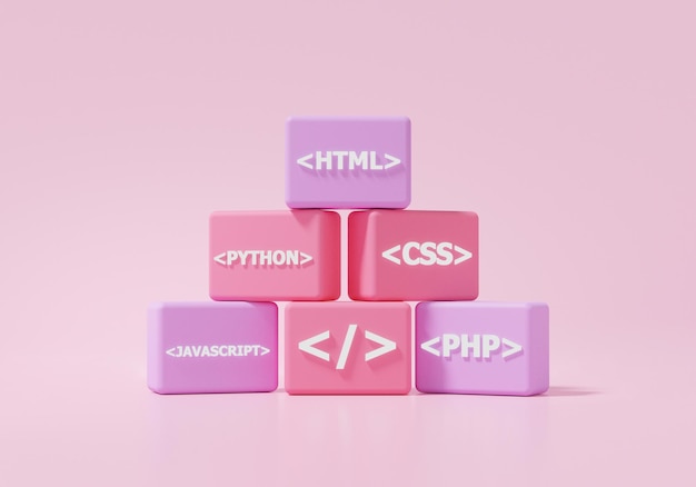 Foto softwareentwicklerkonzept entwicklung der codierungssprache auf rosafarbenem hintergrund minimaler cartoon-stil 3d-renderillustration