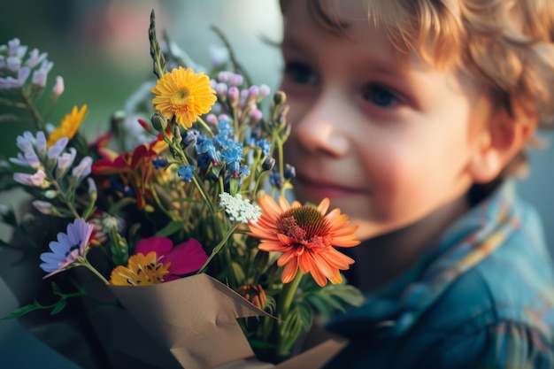 Sohn mit einem Blumenstrauß für Mutter am Muttertag