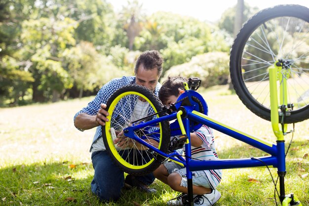 Sohn und Vater reparieren ihr Fahrrad im Park