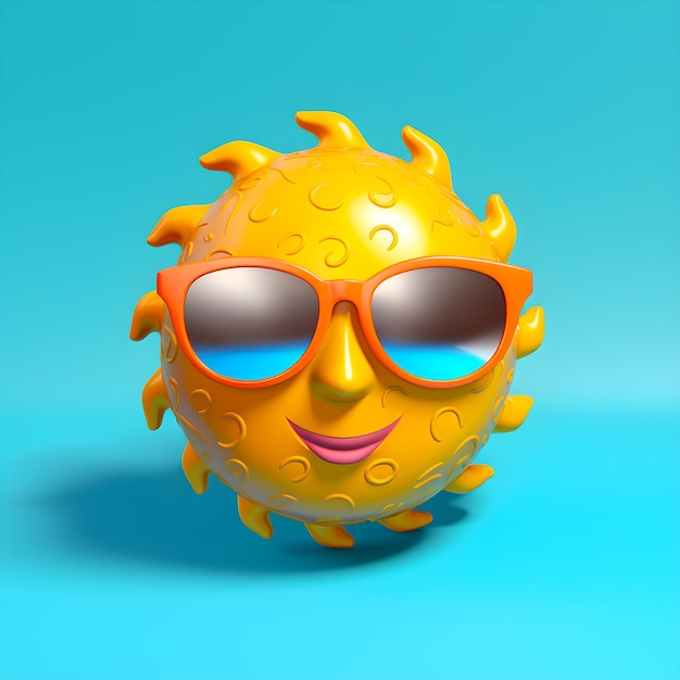 Un sol amarillo con forma de sol con gafas de sol y un fondo azul.