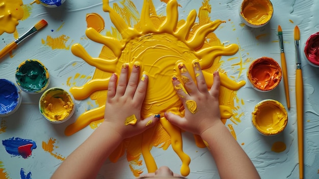 Sol amarillo pintado por un niño Mesa blanca con suministros de arte en el fondo