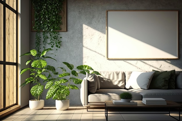 Sol atravessando plantas verdes em uma sala de estar