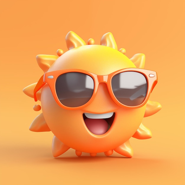 Sol bonito com óculos de sol e sorrindo em renderização 3D