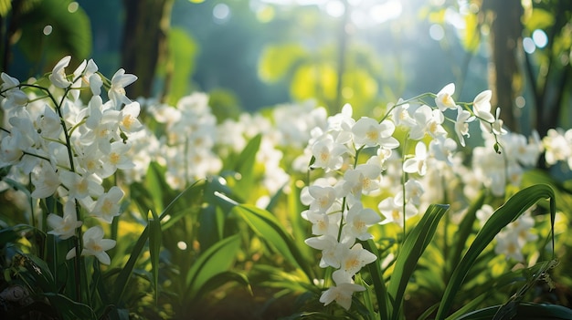 Sol brilhando através das folhas e flores brancas na primavera IA generativa