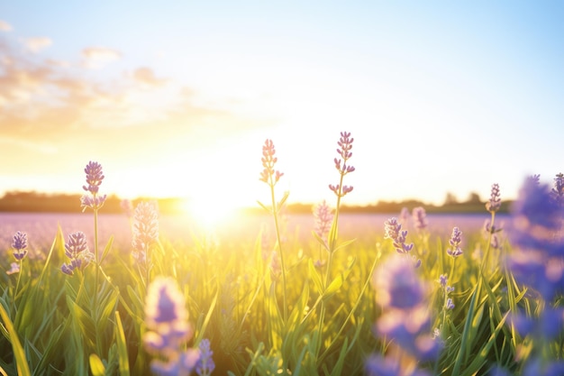 Sol brilhando sobre um campo de lavanda