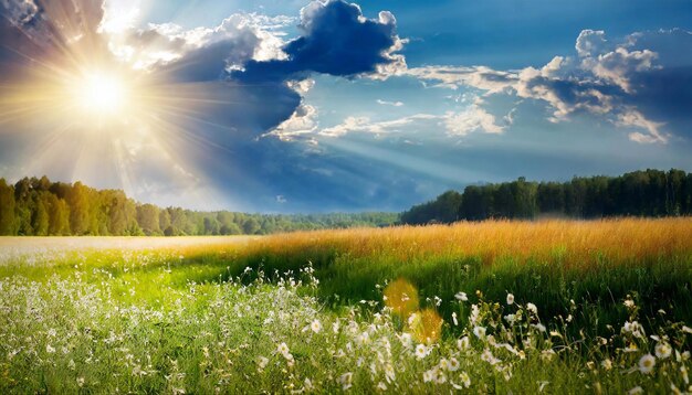 Sol brilhante num prado com várias ervas Natureza rural em campos para pastagem