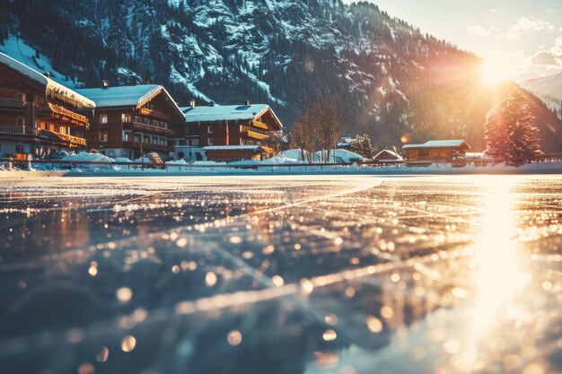 Foto el sol brilla brillantemente en un lago congelado esta imagen captura la belleza de la naturaleza en invierno perfecto para diseños de temas de invierno y promociones de actividades al aire libre