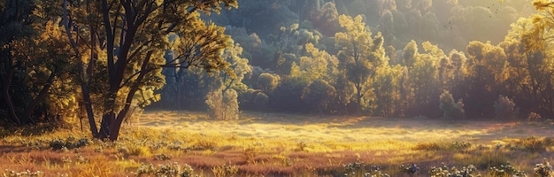 El sol brilla en un campo de árboles