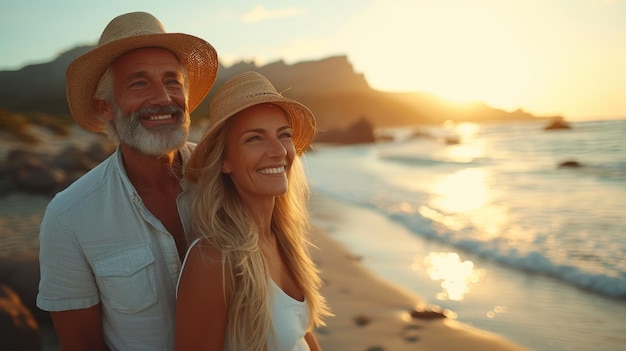 El sol brilla en una feliz pareja de ancianos en la playa