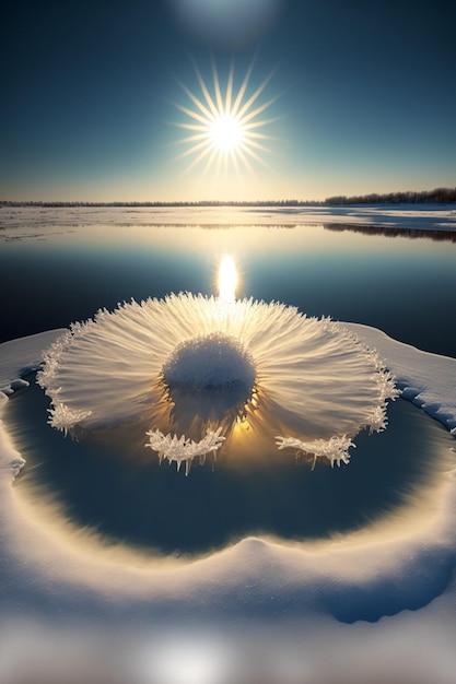 Foto el sol brilla intensamente sobre un lago congelado ai generativo