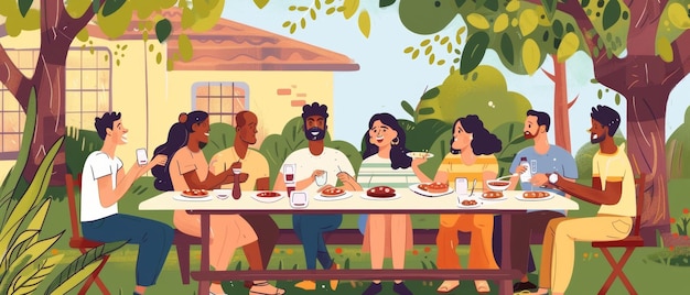 El sol brilla sobre un grupo diverso de personas multiétnicas que se divierten comunicándose entre sí y comiendo afuera durante una cena de verano Familia y amigos reunidos fuera de su casa en un cálido