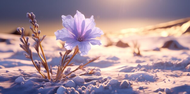 el sol brilla sobre la nieve y una flor púrpura