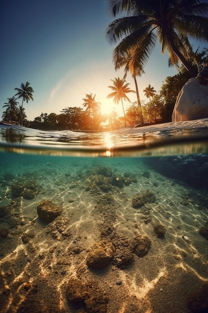 El sol brilla a través del agua y el océano es hermoso.