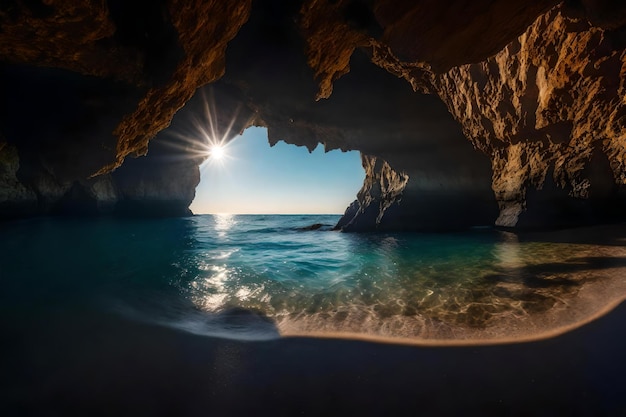 El sol brilla a través de un agujero en la roca
