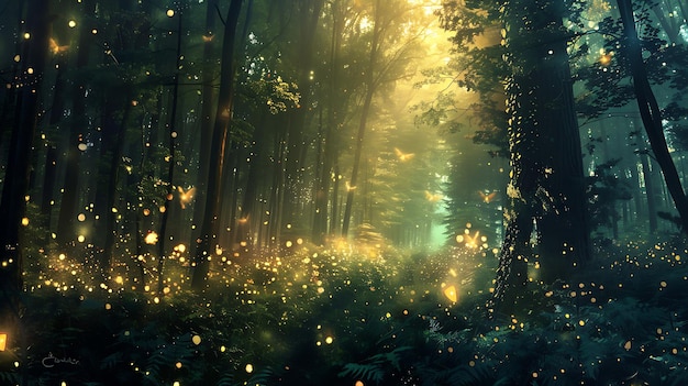 El sol brilla a través de los altos árboles del bosque creando una atmósfera mágica el suelo del bosque está cubierto por una manta de musgo