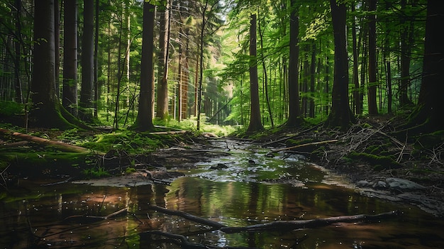 El sol brilla a través de los altos árboles de un bosque verde exuberante