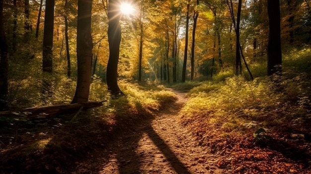 El sol brilla a través de los árboles del bosque en un día soleado IA generativa