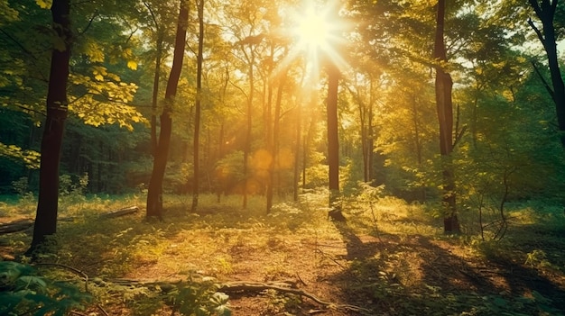 El sol brilla a través de los árboles del bosque en un día soleado IA generativa