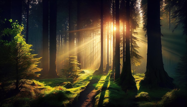 El sol brilla a través de los árboles en el bosque IA generativa