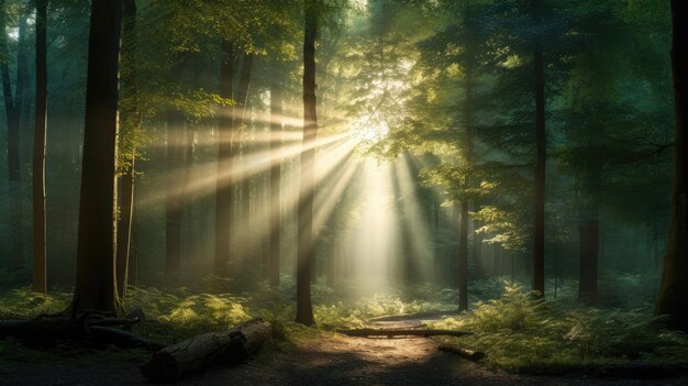 El sol brilla a través de los árboles en un bosque.