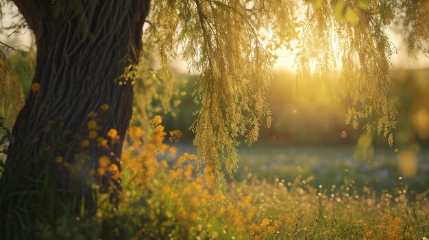 Foto el sol brilla a través de los árboles en el campo de primavera