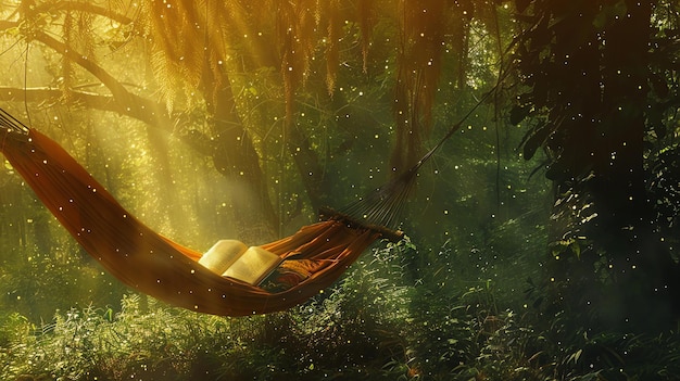 El sol brilla a través de los árboles en una hamaca en el bosque la hamaca está vacía pero hay un libro tendido en ella