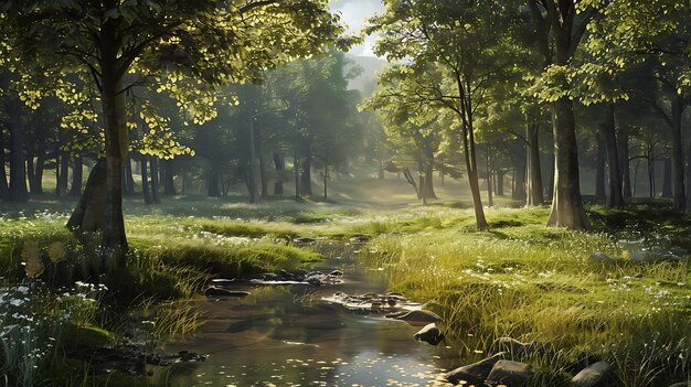 El sol brilla a través de los árboles en un hermoso bosque un pequeño río fluye a través del medio del bosque