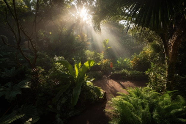 El sol brilla a través de los árboles en la IA generativa de la jungla