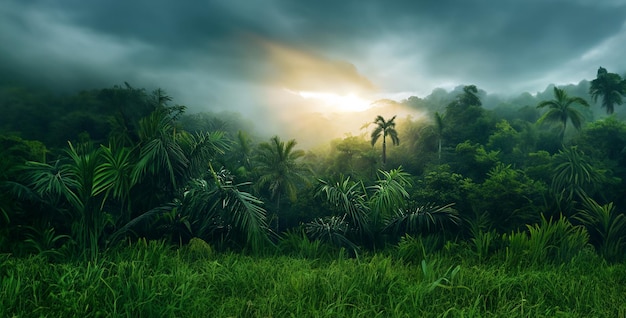 el sol brilla a través de los árboles movimiento colectiva jungla con nubes