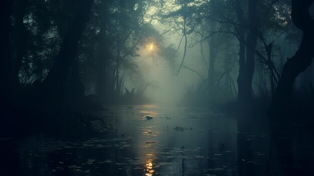 El sol brilla a través de un bosque de niebla