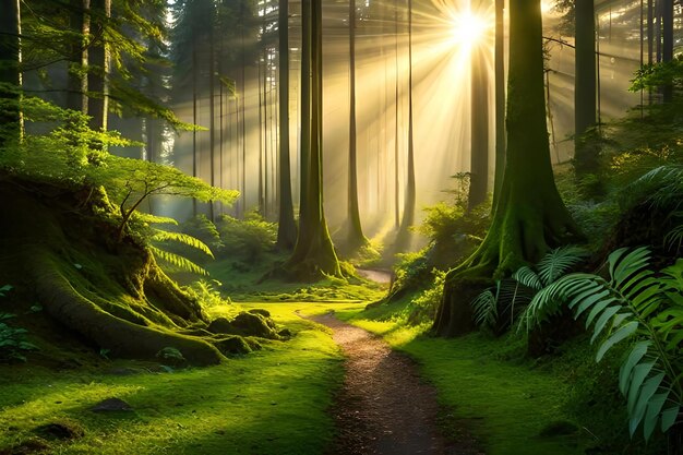El sol brilla a través del bosque