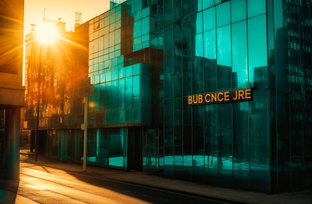 El sol brilla a través de los edificios de cristal de la ciudad.