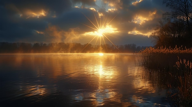 El sol brilla a través de las nubes sobre el agua