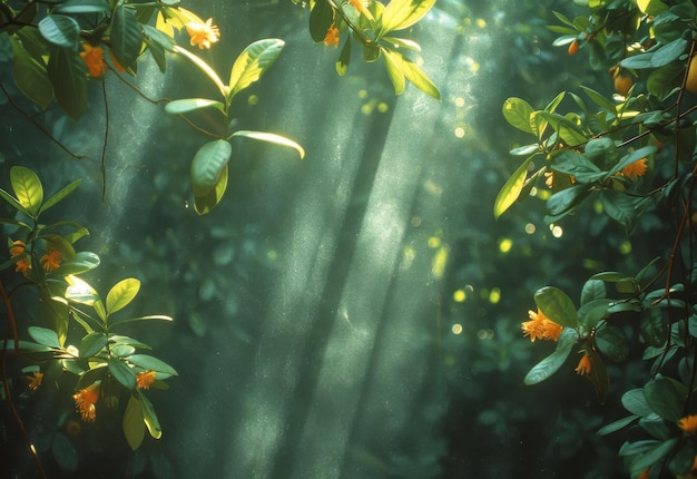 El sol brilla a través de las ramas frondosas con rayos que crean un mágico resplandor forestal en la imagen del aumento de la temperatura global.